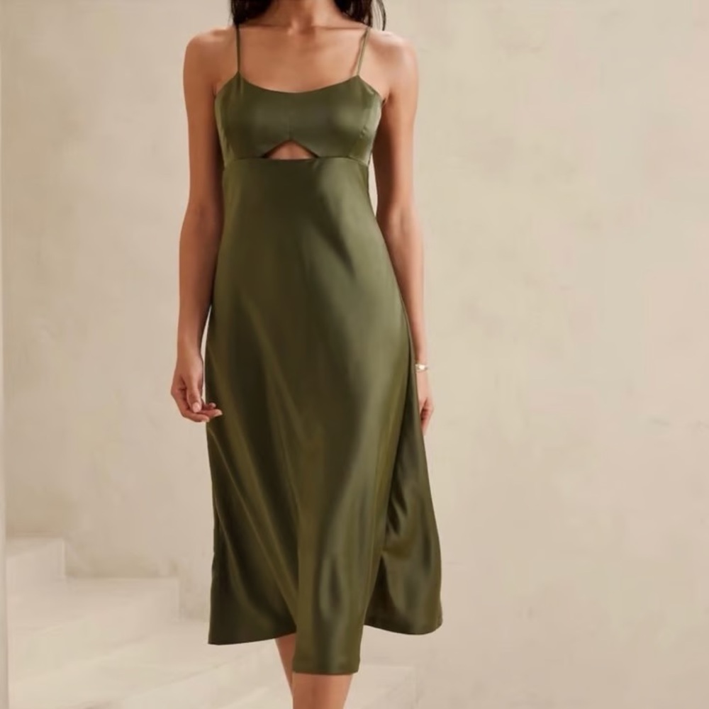 Banana Republic Olive Green Satin Cutout Midi Dress - Size 2